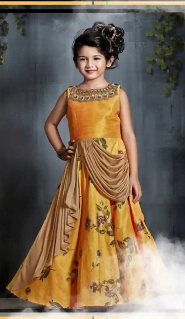 Pineple Color Sanatoon Designer Kids Girls Gown Dress - 4123555