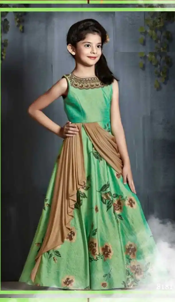 Mint Green Color Sanatoon Designer Kids Girls Gown Dress - 4123558