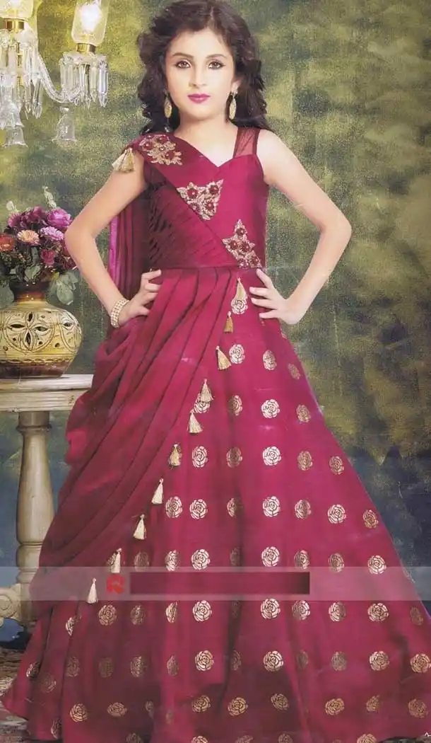 Rose Red Color Sanatoon Designer Kids Girls Gown Dress - 4123560