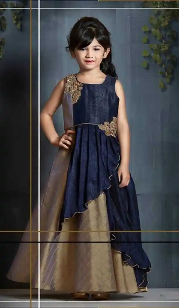 Beige And Navy Blue Color Sanatoon Designer Kids Girls Gown Dress - 4123562