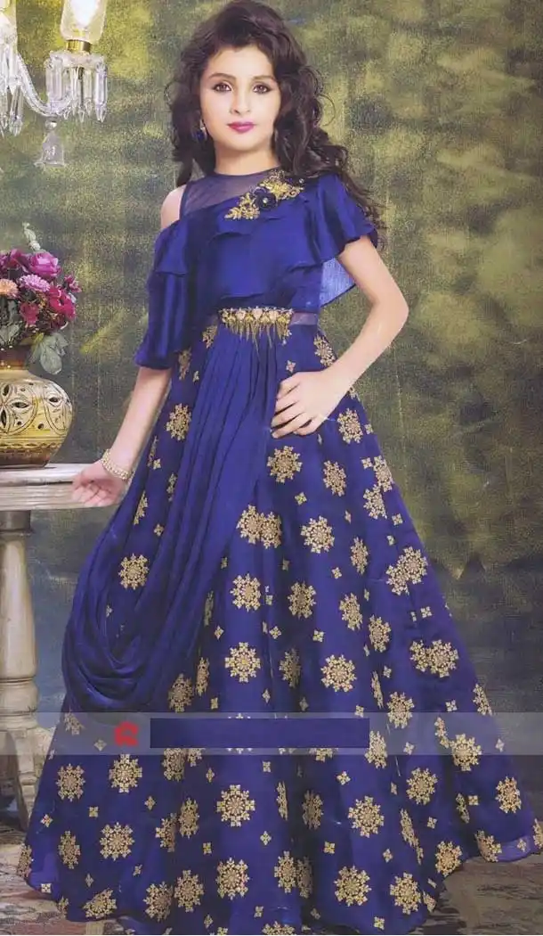 Royal Blue Color Sanatoon Designer Kids Girls Gown Dress - 4123565