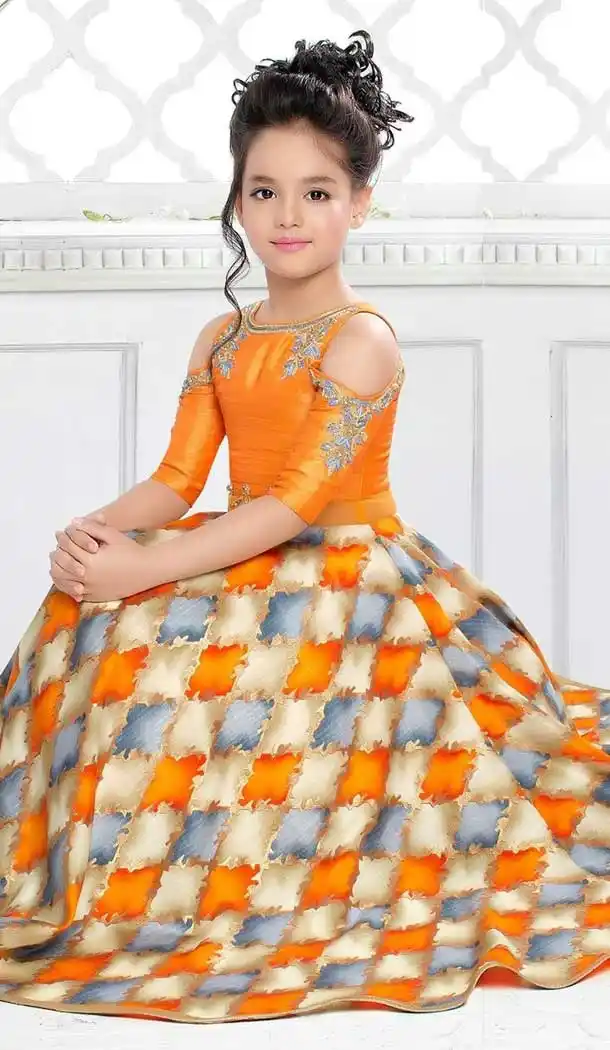 Fire Orange Color Sanatoon Designer Kids Girls Gown Dress - 4123567
