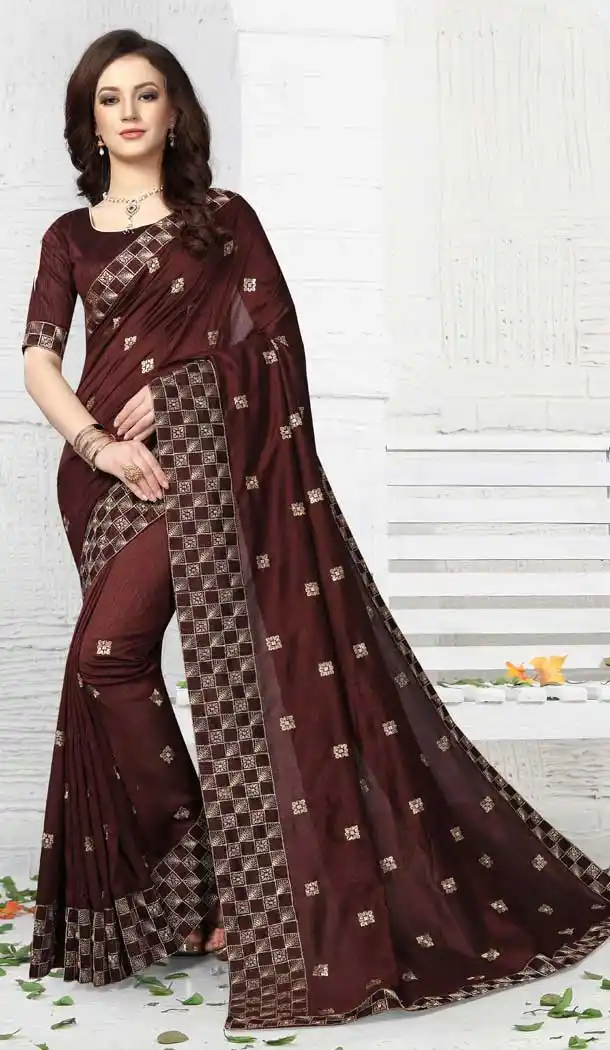 Coffee Color Vicitra Silk Party Wear Plus Size Sarees - 477858680