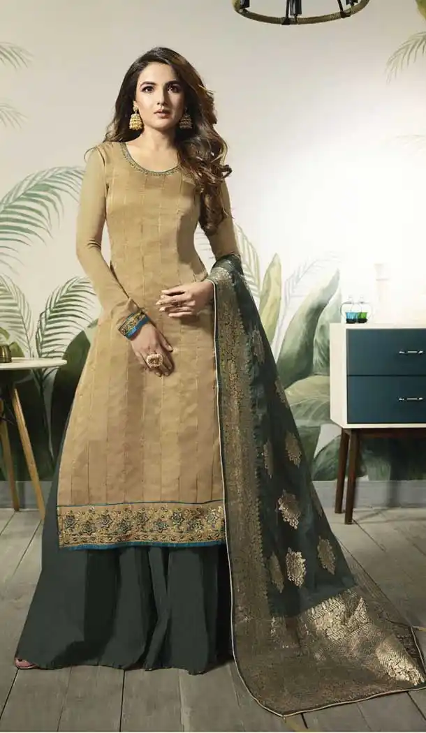 Beige Color Modal Satin Silk Party Wear Palazzo Suit - 479759032