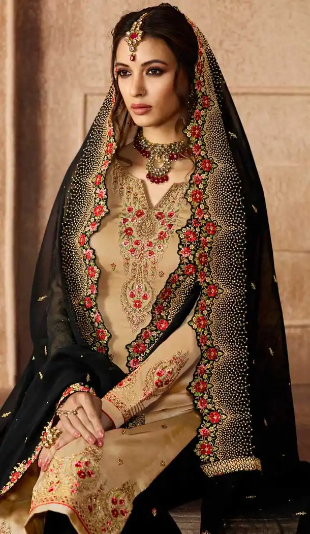 Beige Color Satin Georgette Pakistani Sharara Suit - 479859035