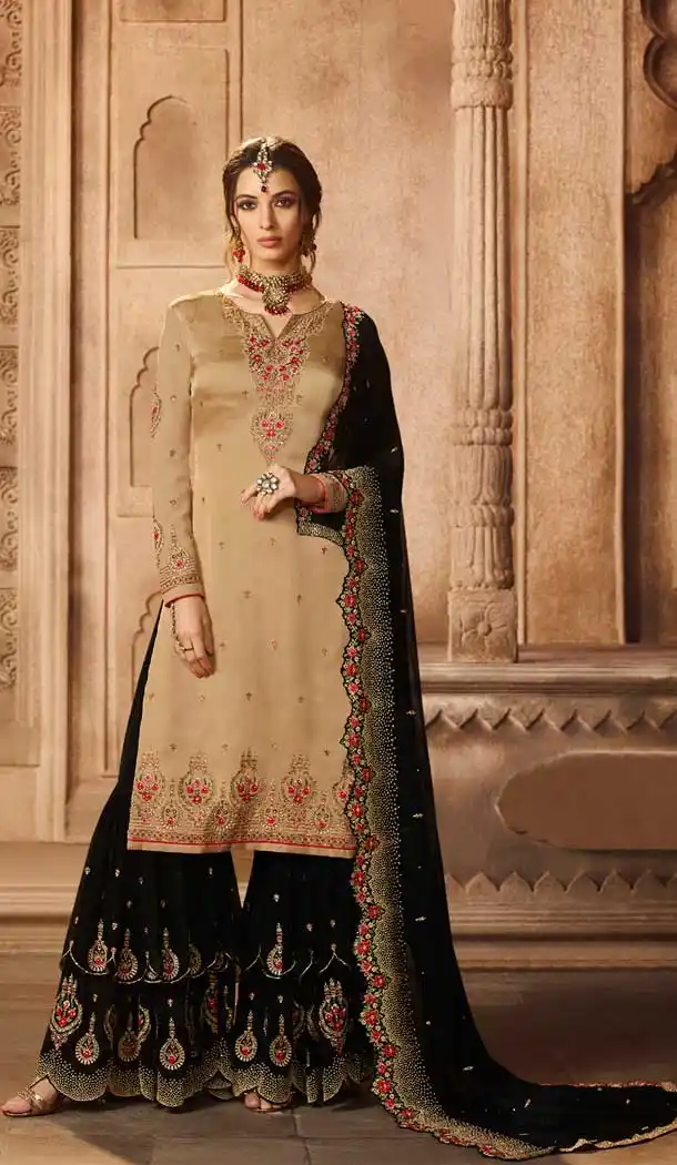 Beige Color Satin Georgette Pakistani Sharara Suit - 479859035