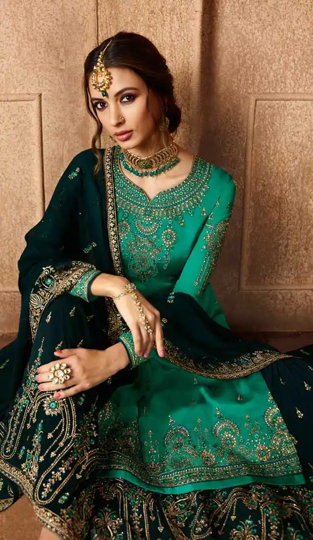 Green Color Satin Georgette Pakistani Sharara Suit - 479859036
