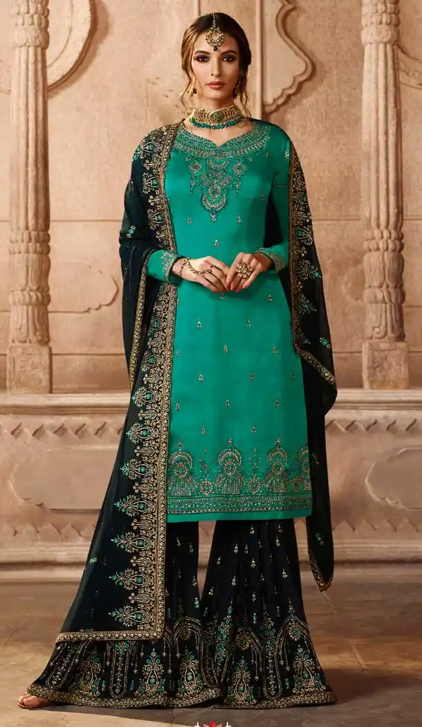 Green Color Satin Georgette Pakistani Sharara Suit - 479859036