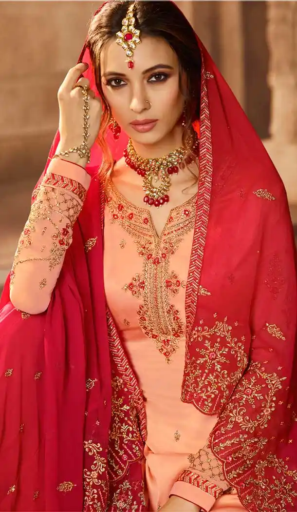Light Peach Color Satin Georgette Pakistani Sharara Suit - 479859037