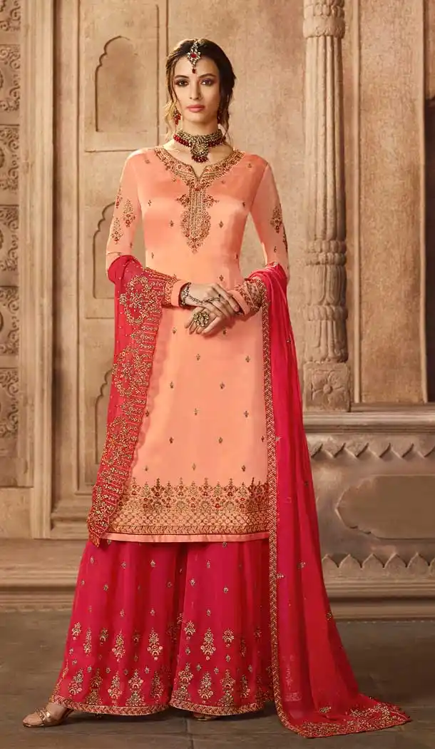 Light Peach Color Satin Georgette Pakistani Sharara Suit - 479859037