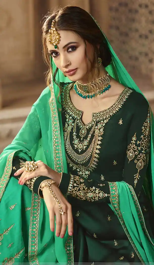 Dark Green Color Satin Georgette Pakistani Sharara Suit - 479859038