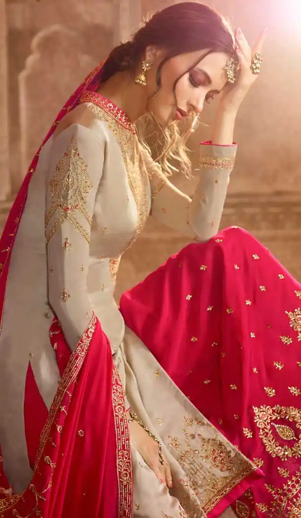 Grey Color Satin Georgette Pakistani Sharara Suit - 479859039