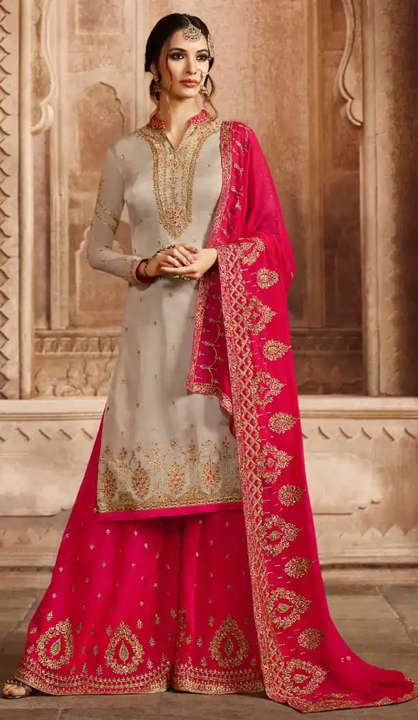 Grey Color Satin Georgette Pakistani Sharara Suit - 479859039
