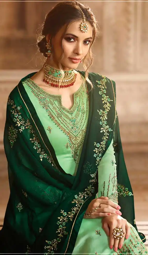 Light Green Color Satin Georgette Pakistani Sharara Suit - 479859041