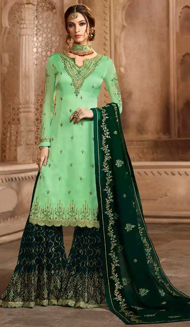 Light Green Color Satin Georgette Pakistani Sharara Suit - 479859041