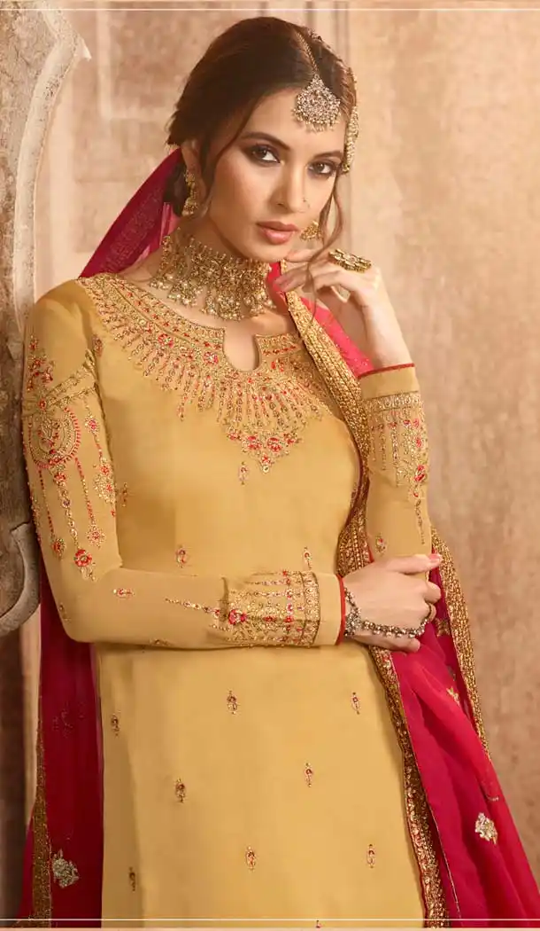 Off Yellow Color Satin Georgette Pakistani Sharara Suit - 479859042