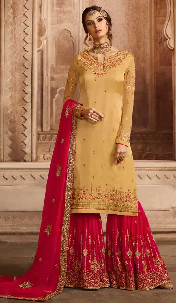 Off Yellow Color Satin Georgette Pakistani Sharara Suit - 479859042