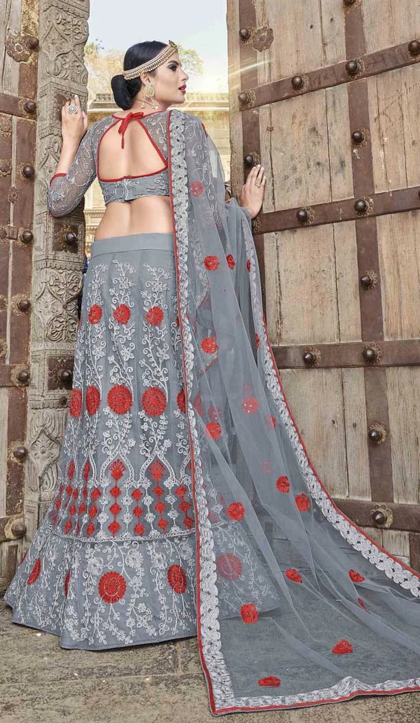 Grey Color Net Satin Party Wear Plus Size Chaniya Choli - 480359081