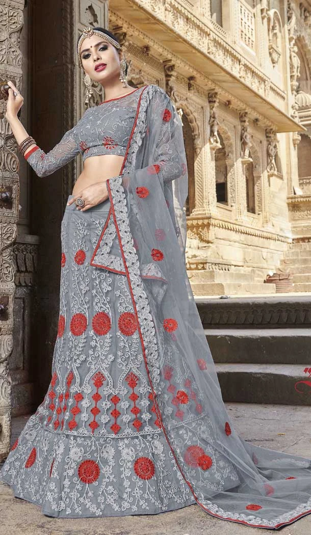 Grey Color Net Satin Party Wear Plus Size Chaniya Choli - 480359081