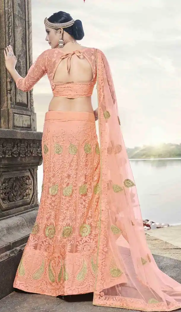 Light Orange Color Net Satin Party Wear Plus Size Chaniya Choli - 480359085