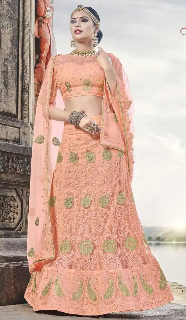 Light Orange Color Net Satin Party Wear Plus Size Chaniya Choli - 480359085