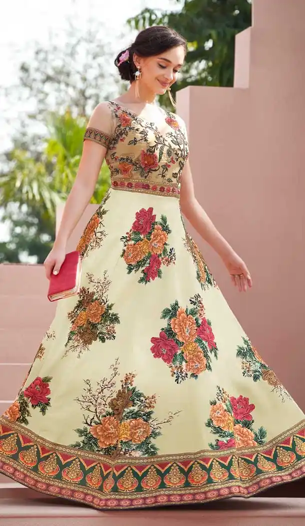 Cream Color Satin Silk Designer Lehenga Choli For Girl - 62542882