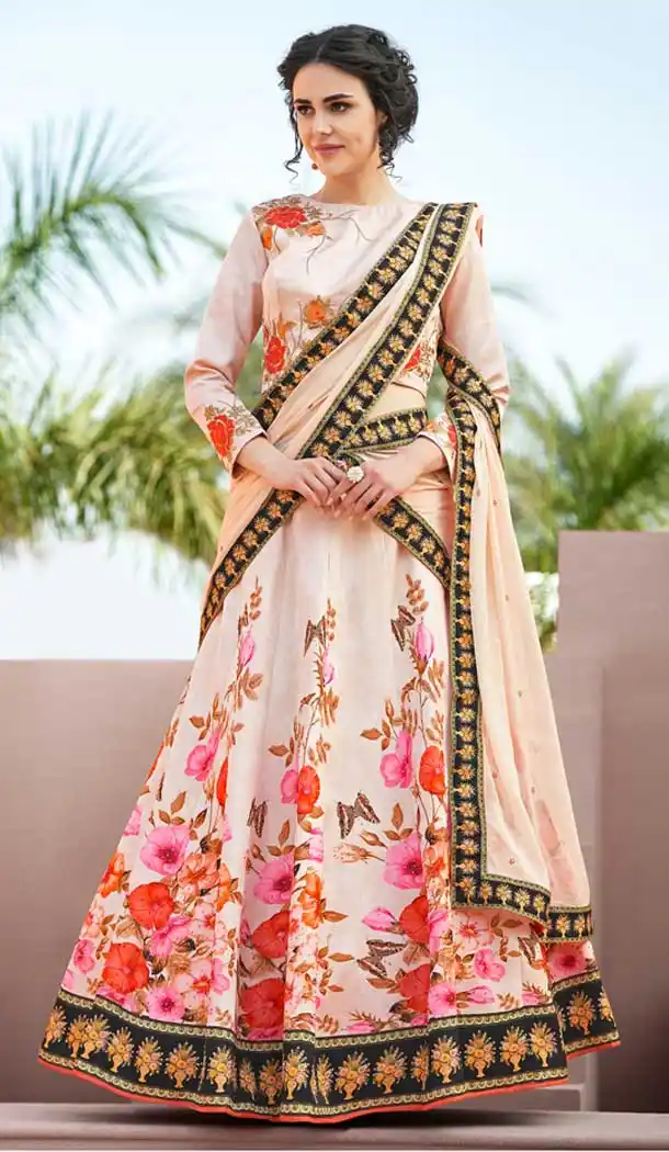 Light Peach Color Satin Silk Designer Lehenga Choli For Girl - 62542890