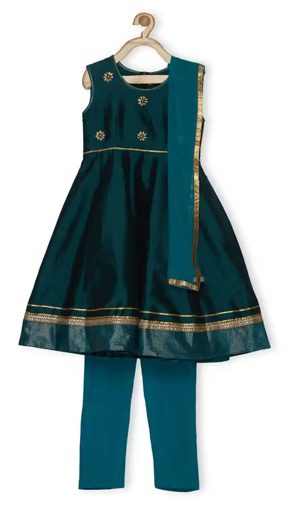 Steel Green Color Tafetta Designer Kids Girl Salwar Kameez - 482559330