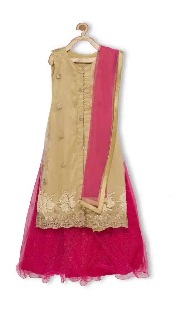 Beigish Gold Color Net Designer Girl Lehenga Choli - 482559332