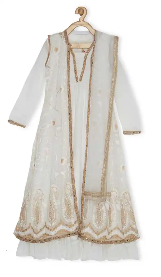 Off White Color Net Designer Readymade Girl Ethnic Dress - 482559334