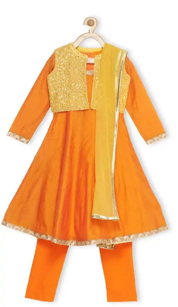 Orange Color Chanderi Silk Designer Kids Girl Salwar Kameez - 482559337