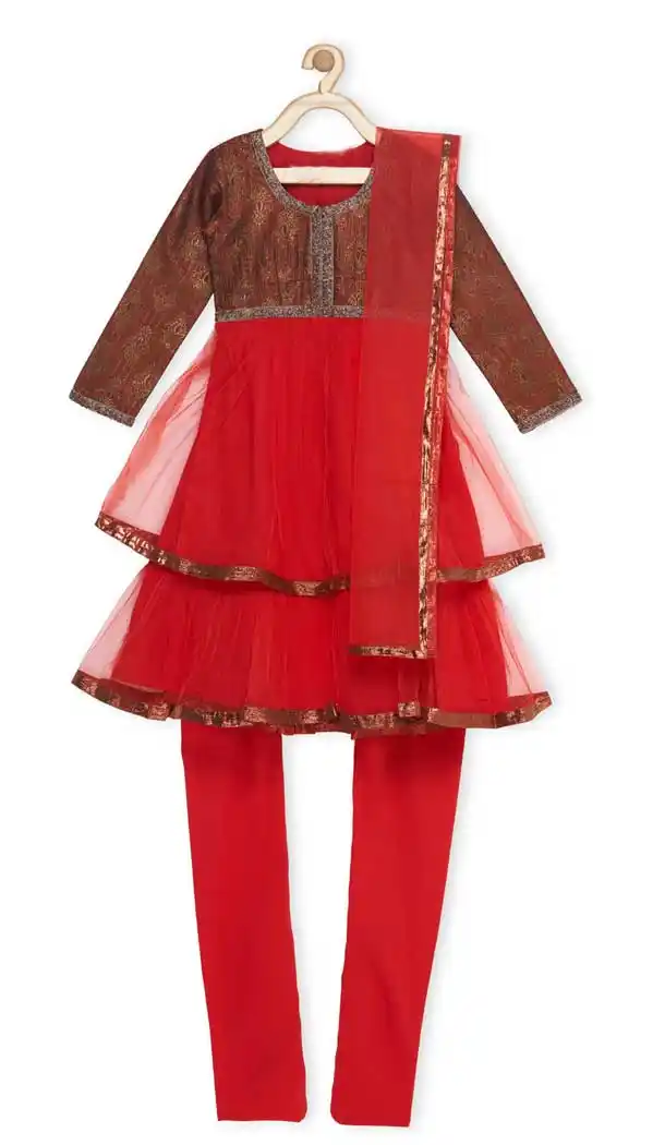 Maroon And Red Color Brocade Designer Kids Girl Salwar Kameez - 482559339