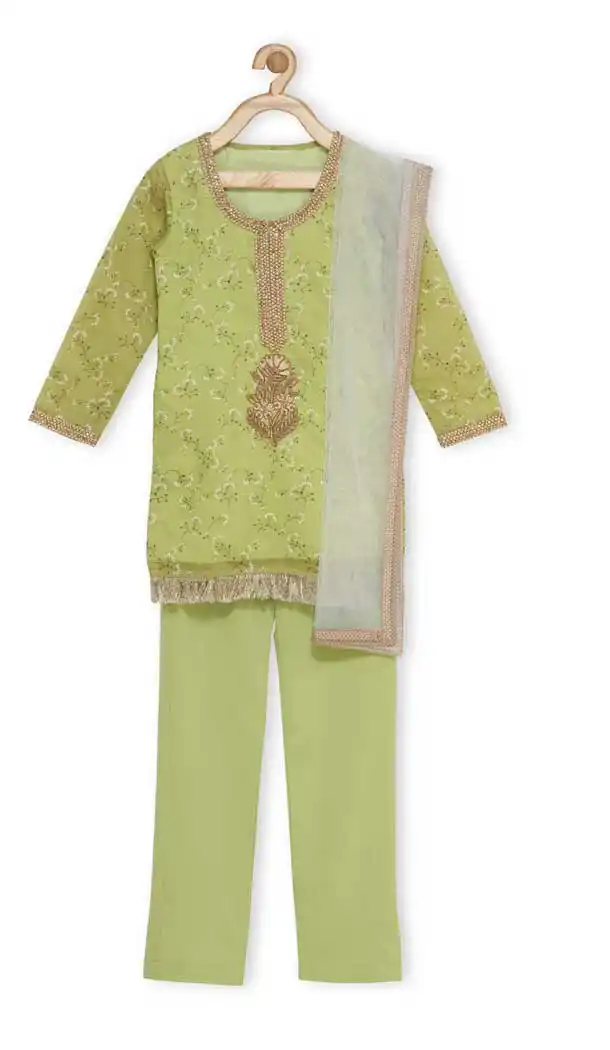 Light Green Color Chanderi Silk Designer Kids Girl Salwar Kameez - 482559343