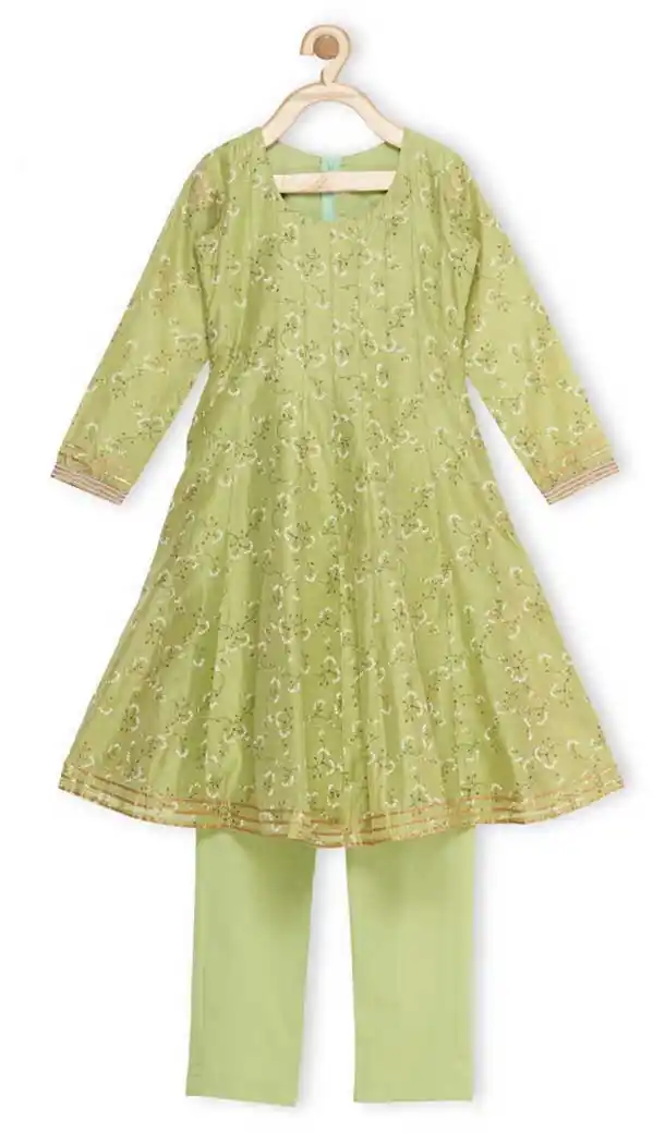 Green Color Chanderi Silk Designer Kids Girl Salwar Kameez - 482559346