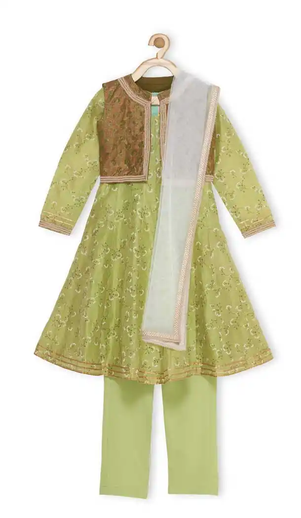 Green Color Chanderi Silk Designer Kids Girl Salwar Kameez - 482559346