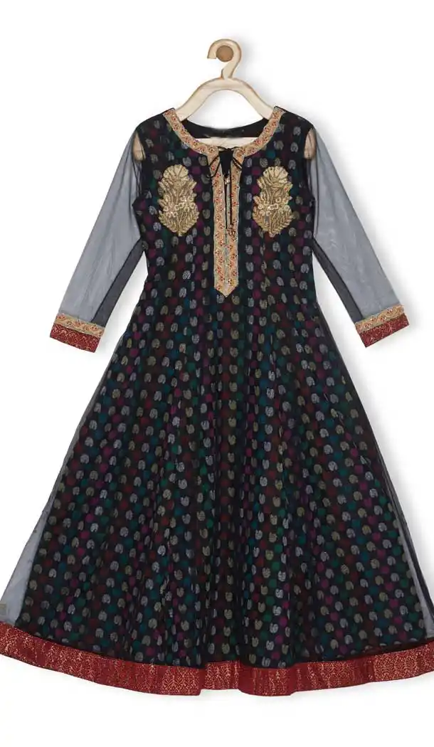 Black Color Brocade Designer Readymade Girl Ethnic Dress - 482559349