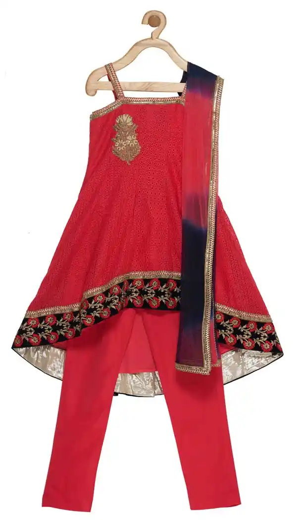Red Color Embroidered Net Designer Kids Girl Salwar Kameez - 482559352