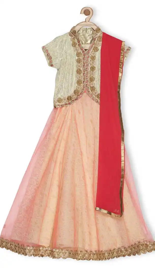Beige Color Embroidered Net Designer Girl Lehenga Choli - 482559354