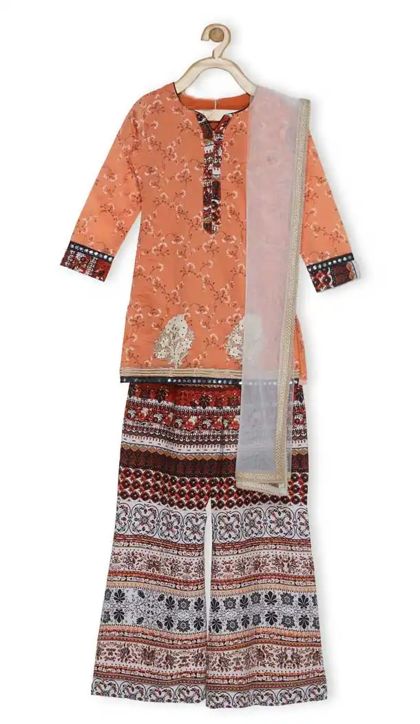 Peach Color Chanderi Silk Designer Kids Girl Salwar Kameez - 482559355