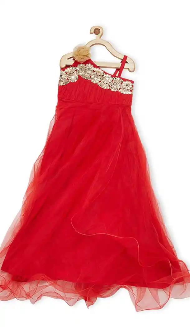 Red Color Net Designer Readymade Girl Ethnic Dress - 482559362