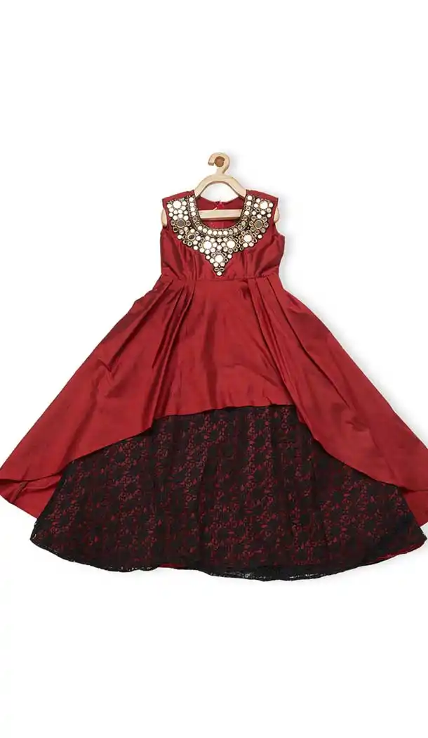 Maroon Color Tafetta Designer Readymade Girl Ethnic Dress - 482559363