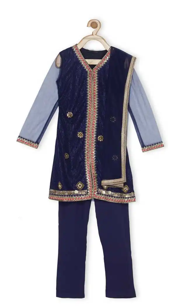 Navy Blue Color Embroidered Net Designer Kids Girl Salwar Kameez - 482559364