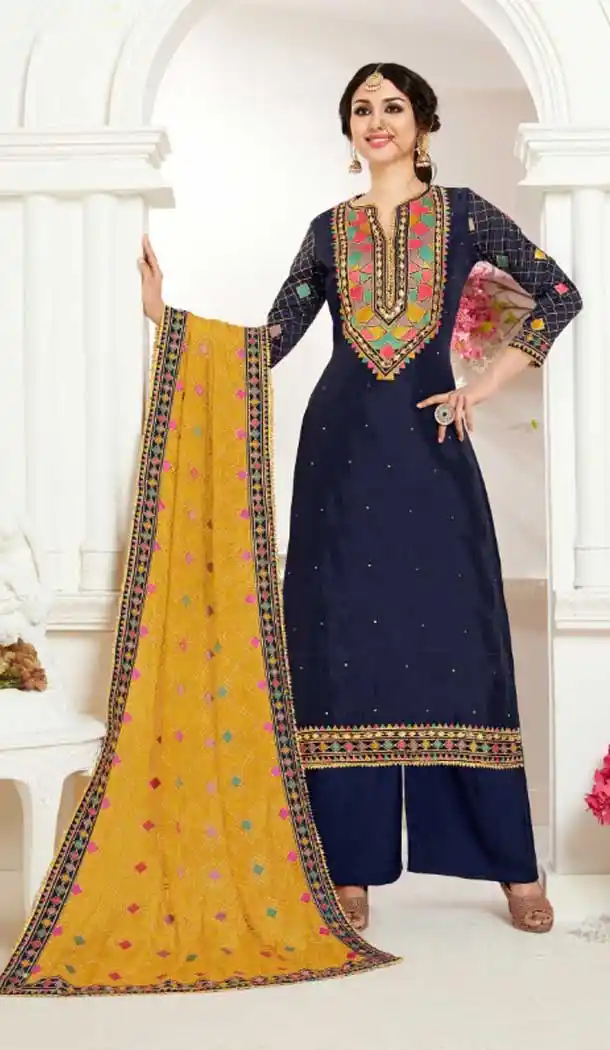 Navy Blue Color Satin Georgette Pakistani Palazzo Salwar Suit - 483059414