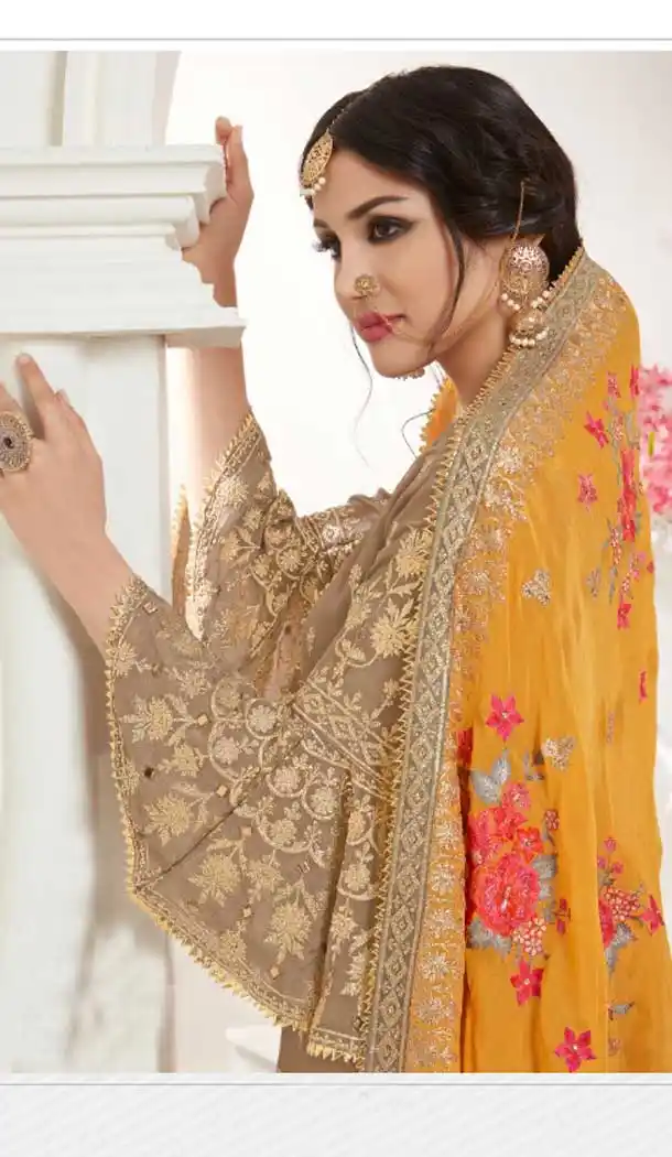 Beige Color Satin Georgette Pakistani Palazzo Salwar Suit - 483059415