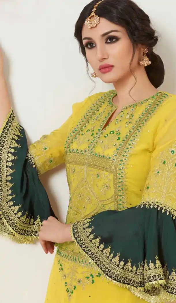 Yellow Color Satin Georgette Pakistani Palazzo Salwar Suit - 483059416