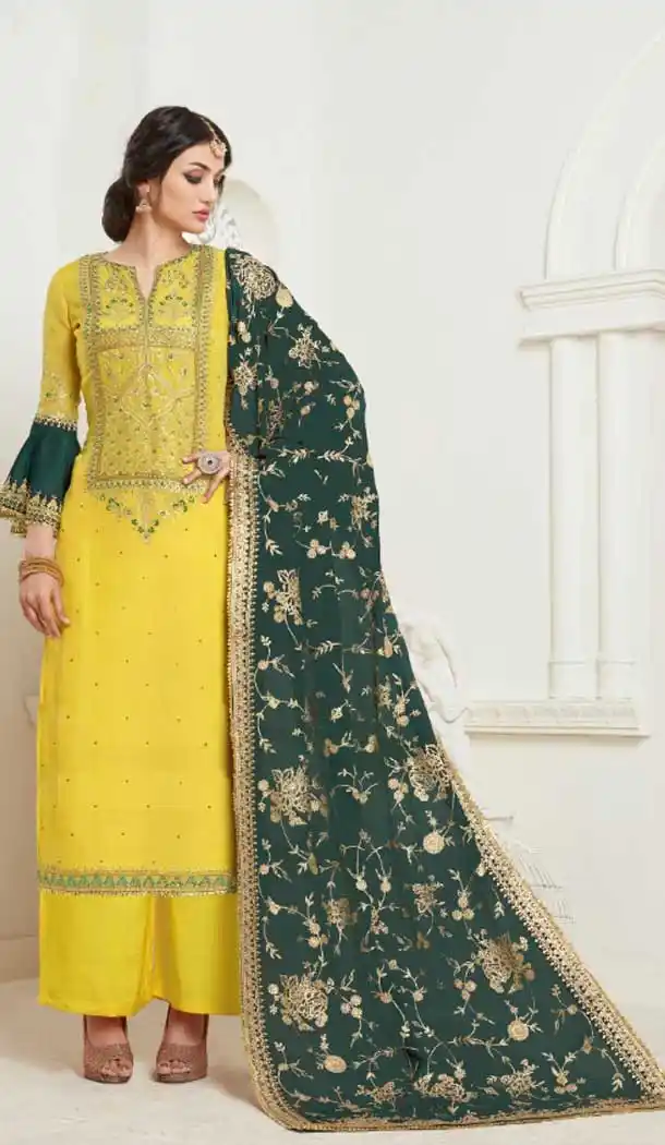 Yellow Color Satin Georgette Pakistani Palazzo Salwar Suit - 483059416