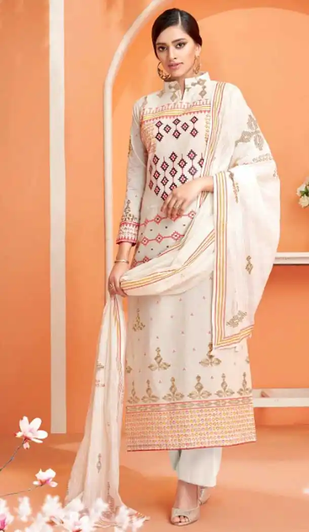 Off White Color Camrik Cotton Pakistani Palazzo Salwar Suit - 483159419