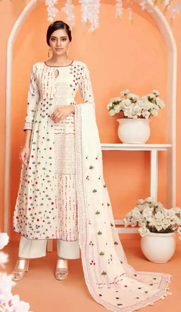 Off White Color Camrik Cotton Pakistani Palazzo Salwar Suit - 483159420