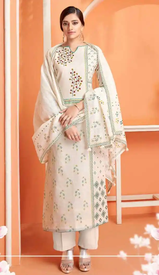 Off White Color Camrik Cotton Pakistani Palazzo Salwar Suit - 483159421