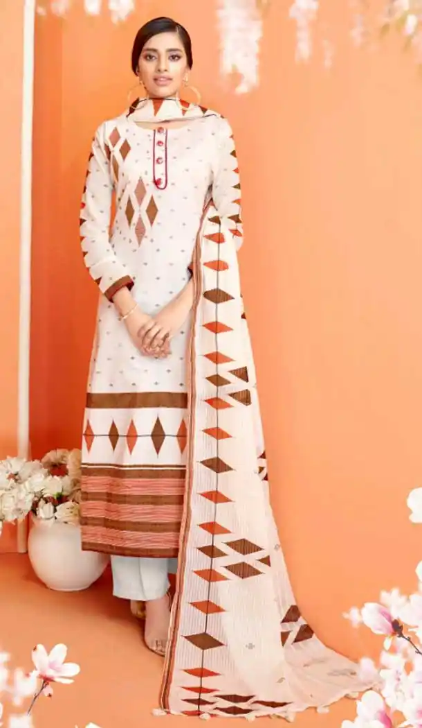 Off White Color Camrik Cotton Pakistani Palazzo Salwar Suit - 483159422